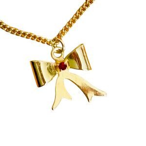 Vintage Sweet Bow Pendant Red Faceted Rhinestone Center Gold Tone Necklace